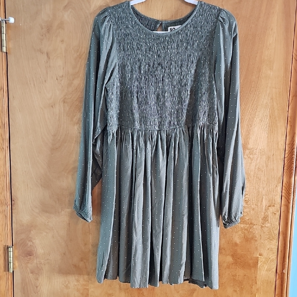 SO Olive Green Long Sleeve Dot Smocked Dress for Kids